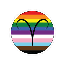 Circular progress pride flag zodiac sticker with a thin black outline and white sticker border, featuring a centered black Aries zodiac glyph. The sticker is shown on a white background.