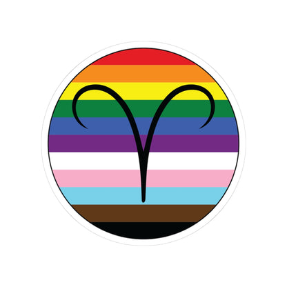Circular progress pride flag zodiac sticker with a thin black outline and white sticker border, featuring a centered black Aries zodiac glyph. The sticker is shown on a white background.