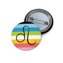 Front and back view of a circular queer pride flag button featuring the Leo zodiac symbol in black centered on the front.