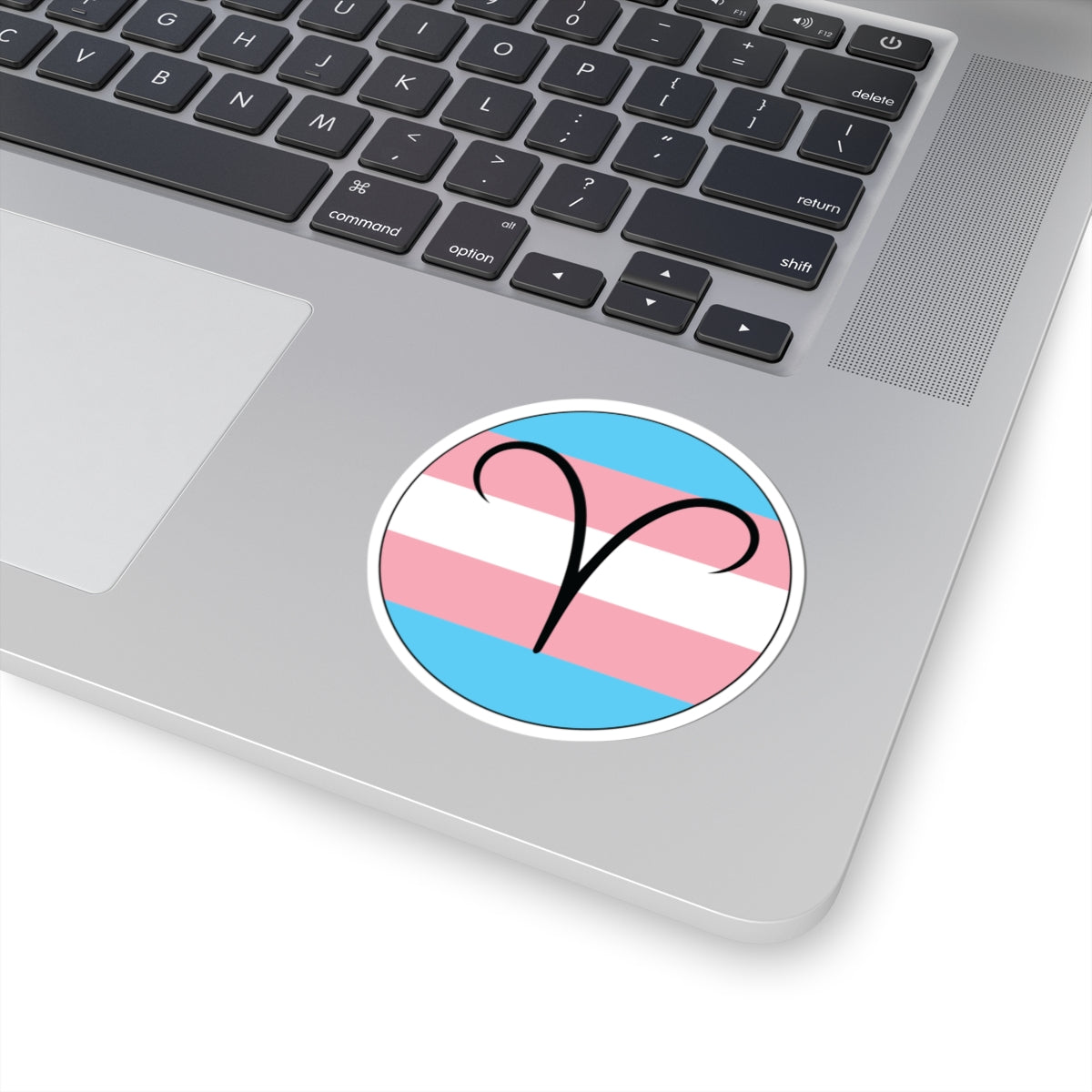 Close-up of the bottom right corner of a silver laptop featuring a 3 inch by 3 inch circular zodiac sticker with a centered Aires glyph on a Transgender pride flag style background applied to the surface.