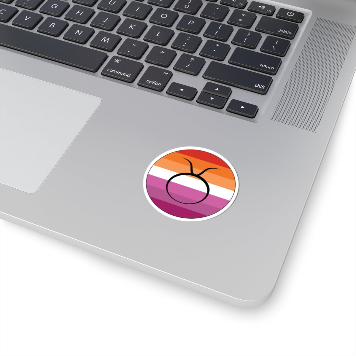 Close-up of the bottom right corner of a silver laptop featuring a 2 inch by 2 inch circular zodiac sticker with a centered Taurus glyph on a Lesbian pride flag style background applied to the surface.