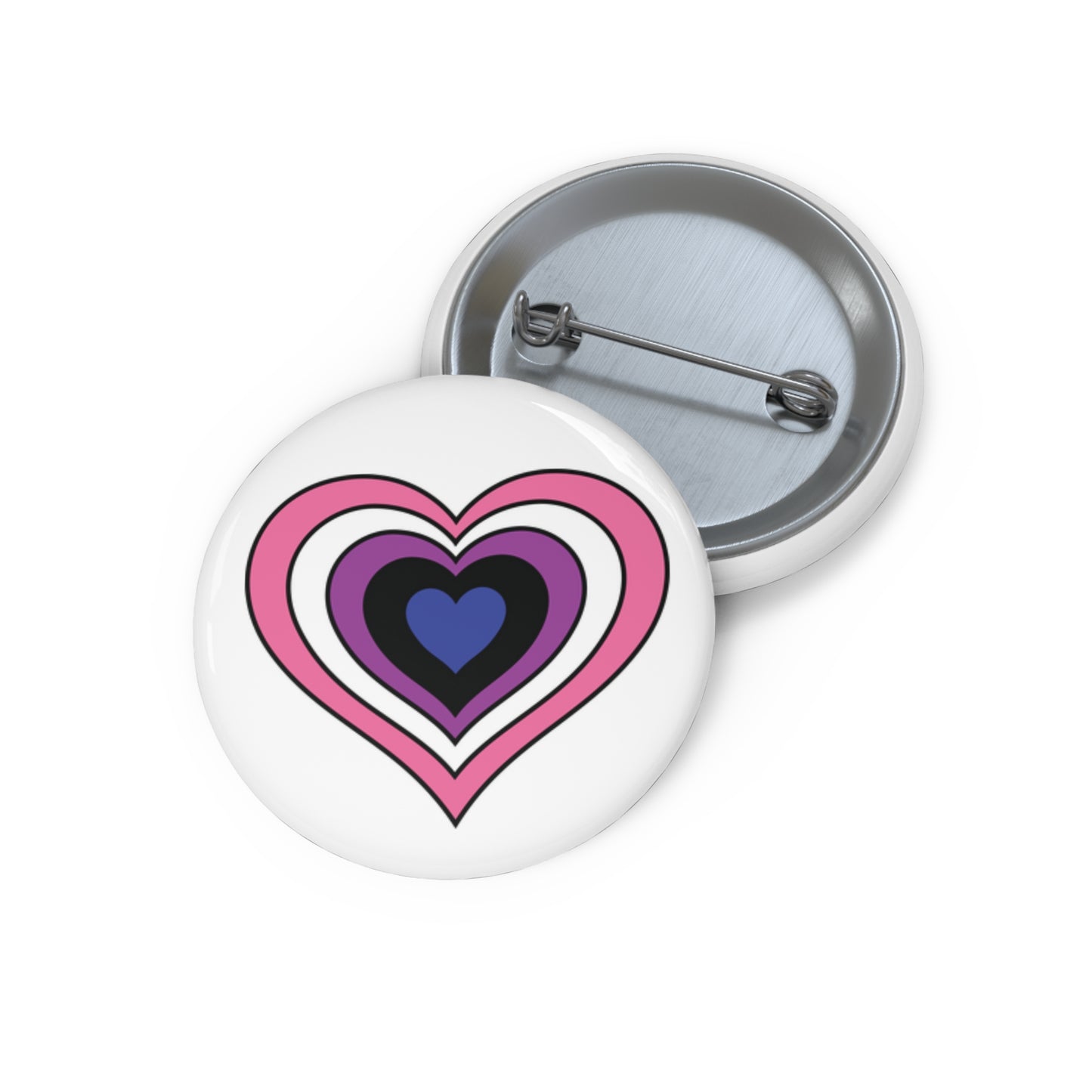 Front and back view of a white circular button with a heart-shaped genderfluid flag image. The button is shown on a white background.
