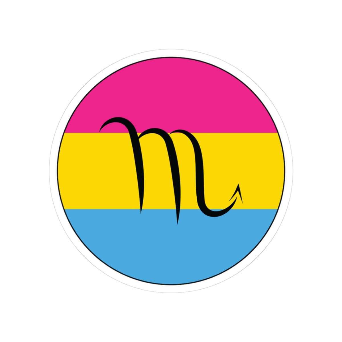 Circular pansexual pride flag zodiac sticker with a thin black outline and white sticker border, featuring a centered black Scorpio zodiac glyph. The sticker is shown on a white background.