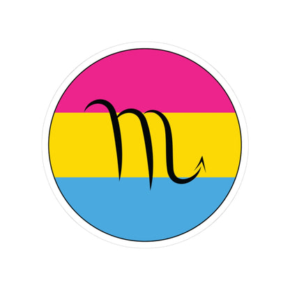 Circular pansexual pride flag zodiac sticker with a thin black outline and white sticker border, featuring a centered black Scorpio zodiac glyph. The sticker is shown on a white background.