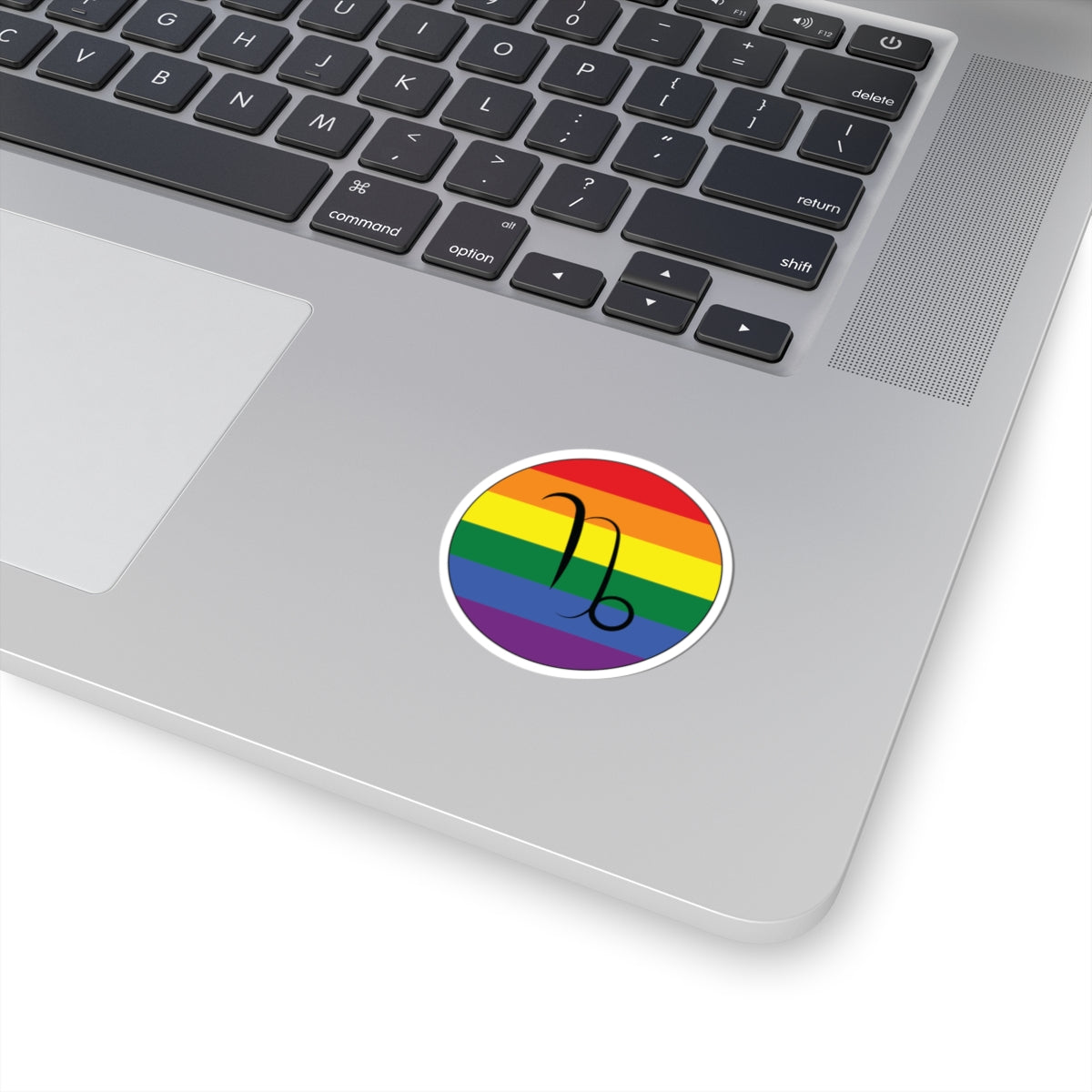 Close-up of the bottom right corner of a silver laptop featuring a 2 inch by 2 inch circular zodiac sticker with a centered Capricorn glyph on a Rainbow pride flag style background applied to the surface.