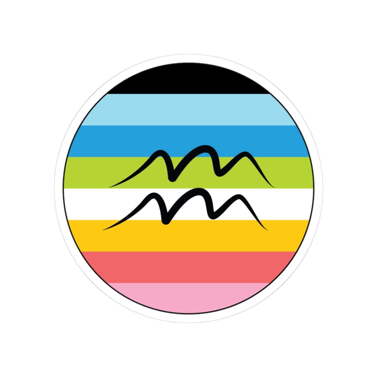 Circular queer pride flag zodiac sticker with a thin black outline and white sticker border, featuring a centered black Aquarius zodiac glyph. The sticker is shown on a white background.