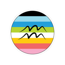 Circular queer pride flag zodiac sticker with a thin black outline and white sticker border, featuring a centered black Aquarius zodiac glyph. The sticker is shown on a white background.