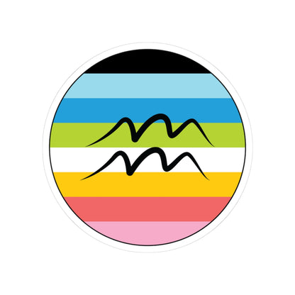 Circular queer pride flag zodiac sticker with a thin black outline and white sticker border, featuring a centered black Aquarius zodiac glyph. The sticker is shown on a white background.