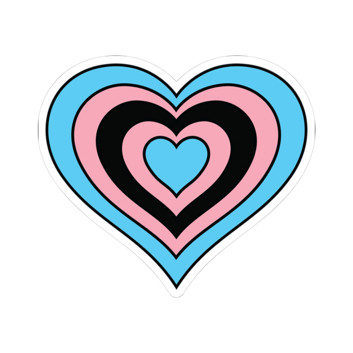 Heart-shaped black transgender pride flag sticker featuring nested heart stripes in light blue, pink, black, pink, light blue, outlined with a thin black border and a white sticker border. The sticker is shown on a white background.
