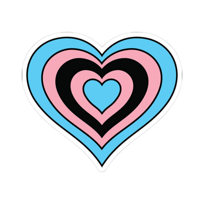 Heart-shaped black transgender pride flag sticker featuring nested heart stripes in light blue, pink, black, pink, light blue, outlined with a thin black border and a white sticker border. The sticker is shown on a white background.