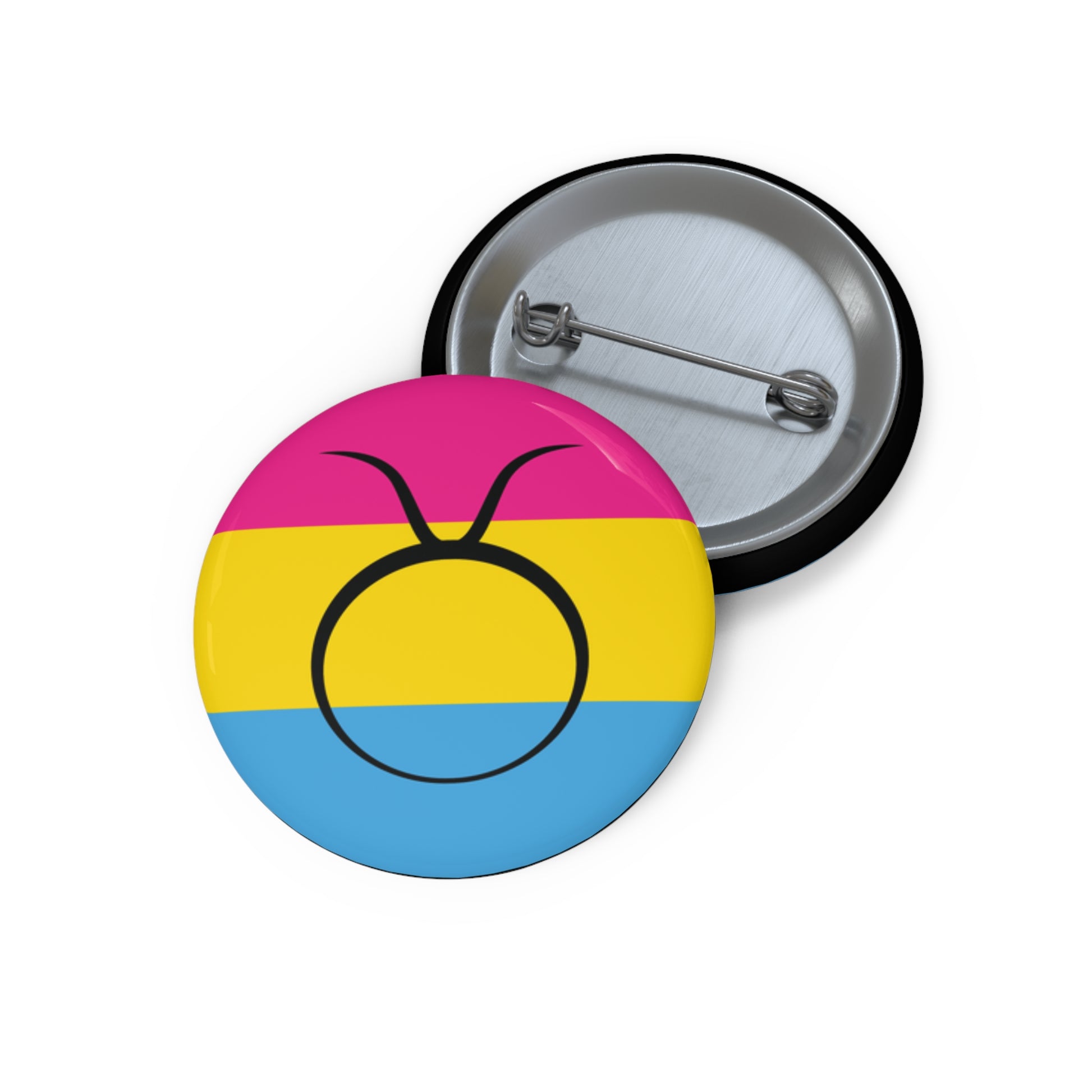 Front and back view of a circular pansexual pride flag button featuring the Taurus zodiac symbol in black centered on the front.