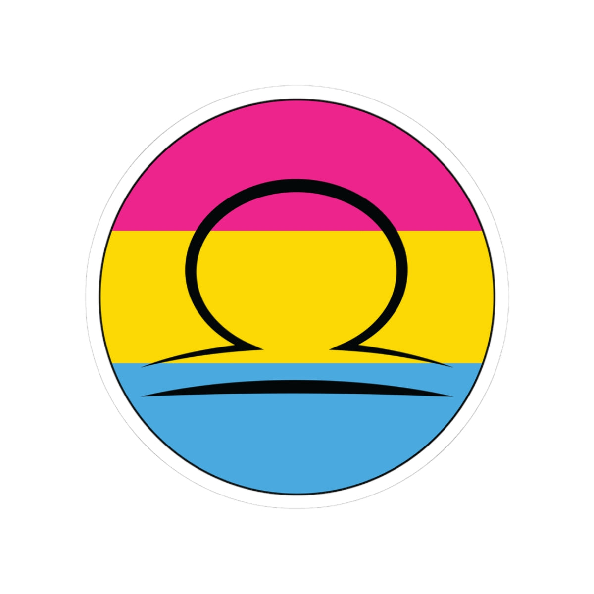 Circular pansexual pride flag zodiac sticker with a thin black outline and white sticker border, featuring a centered black Libra zodiac glyph. The sticker is shown on a white background.