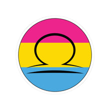 Circular pansexual pride flag zodiac sticker with a thin black outline and white sticker border, featuring a centered black Libra zodiac glyph. The sticker is shown on a white background.
