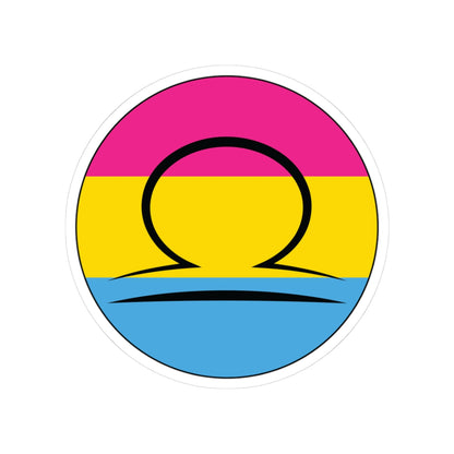 Circular pansexual pride flag zodiac sticker with a thin black outline and white sticker border, featuring a centered black Libra zodiac glyph. The sticker is shown on a white background.