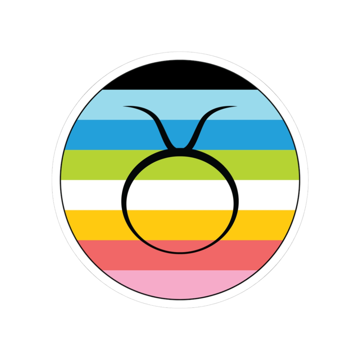 Circular queer pride flag zodiac sticker with a thin black outline and white sticker border, featuring a centered black Taurus zodiac glyph. The sticker is shown on a white background.