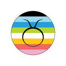 Circular queer pride flag zodiac sticker with a thin black outline and white sticker border, featuring a centered black Taurus zodiac glyph. The sticker is shown on a white background.