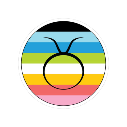 Circular queer pride flag zodiac sticker with a thin black outline and white sticker border, featuring a centered black Taurus zodiac glyph. The sticker is shown on a white background.