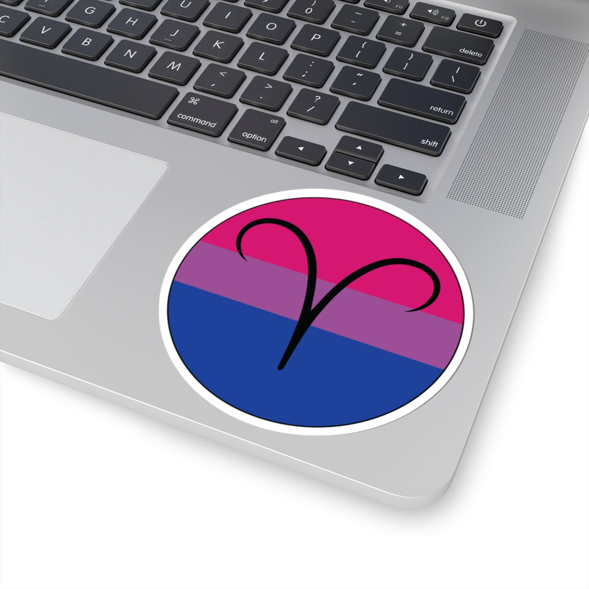 Close-up of the bottom right corner of a silver laptop featuring a 4 inch by 4 inch circular zodiac sticker with a centered Aires glyph on a Bisexual pride flag style background applied to the surface.