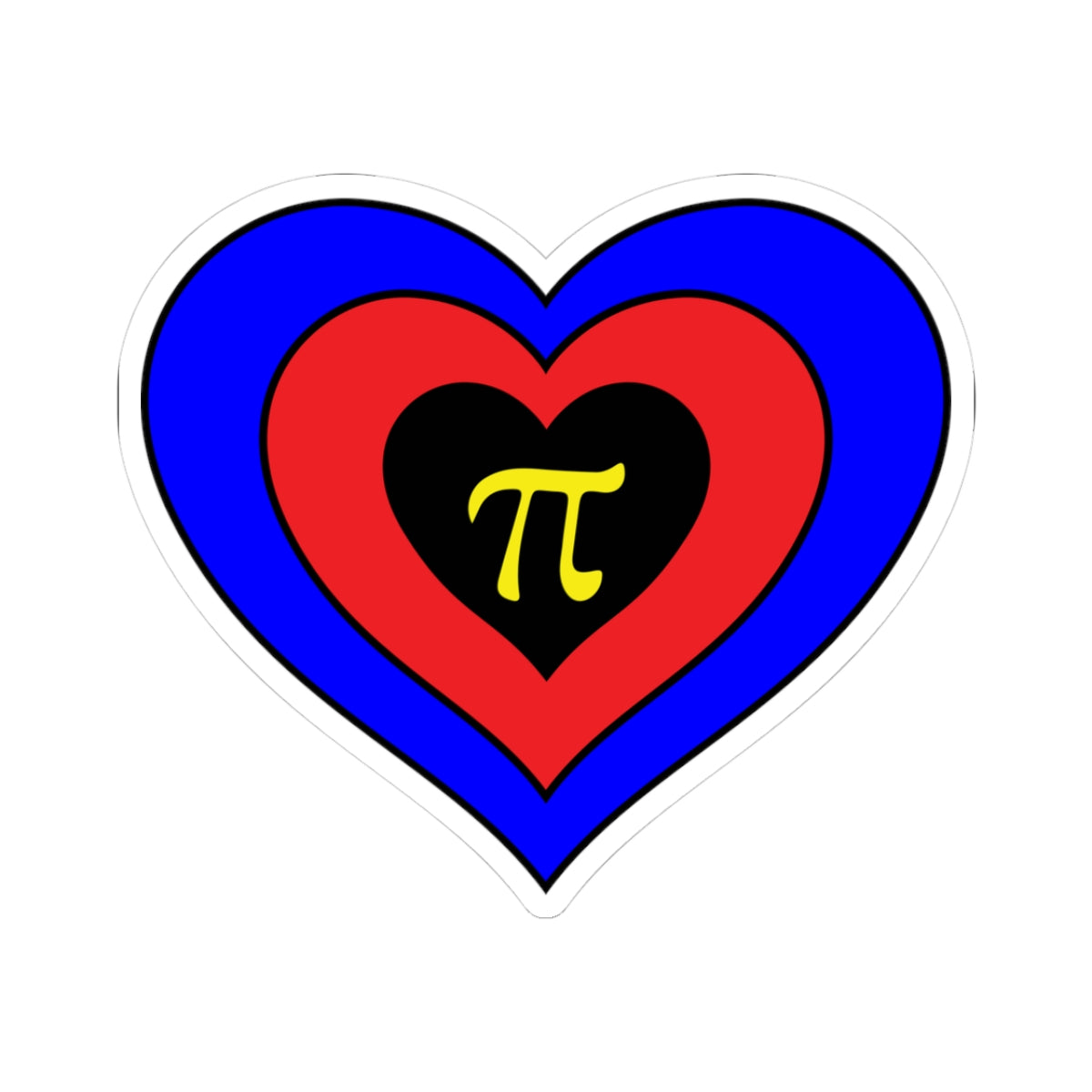 Heart-shaped polyamory pride flag sticker featuring nested heart stripes in blue, red and black. Inside the center black heart is a yellow pi sign. The sticker is outlined with a thin black border and a white sticker border. The sticker is shown on a white background.