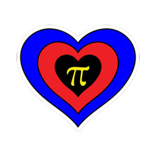 Heart-shaped polyamory pride flag sticker featuring nested heart stripes in blue, red and black. Inside the center black heart is a yellow pi sign. The sticker is outlined with a thin black border and a white sticker border. The sticker is shown on a white background.