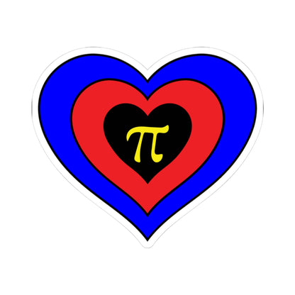Heart-shaped polyamory pride flag sticker featuring nested heart stripes in blue, red and black. Inside the center black heart is a yellow pi sign. The sticker is outlined with a thin black border and a white sticker border. The sticker is shown on a white background.
