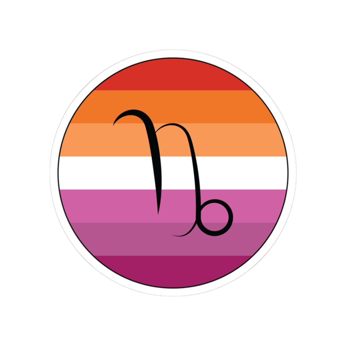 Circular lesbian pride flag zodiac sticker with a thin black outline and white sticker border, featuring a centered black Capricorn zodiac glyph. The sticker is shown on a white background.
