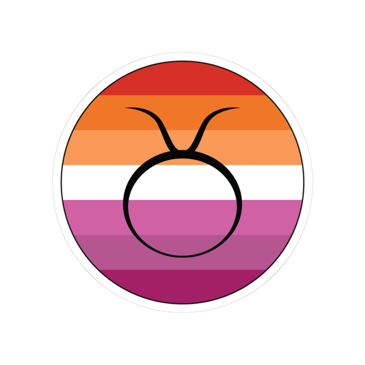 Circular lesbian pride flag zodiac sticker with a thin black outline and white sticker border, featuring a centered black Taurus zodiac glyph. The sticker is shown on a white background.