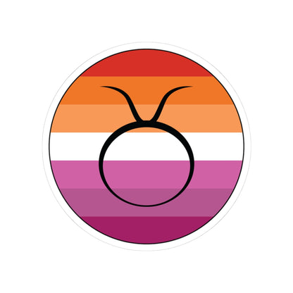 Circular lesbian pride flag zodiac sticker with a thin black outline and white sticker border, featuring a centered black Taurus zodiac glyph. The sticker is shown on a white background.
