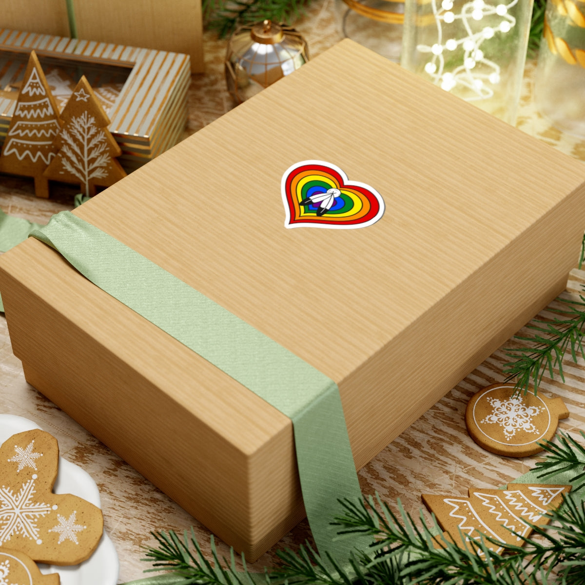 Gift box with a green ribbon on a festive background with cookies and Christmas decorations. Heart-shaped Two-Spirit pride sticker centered on the box.