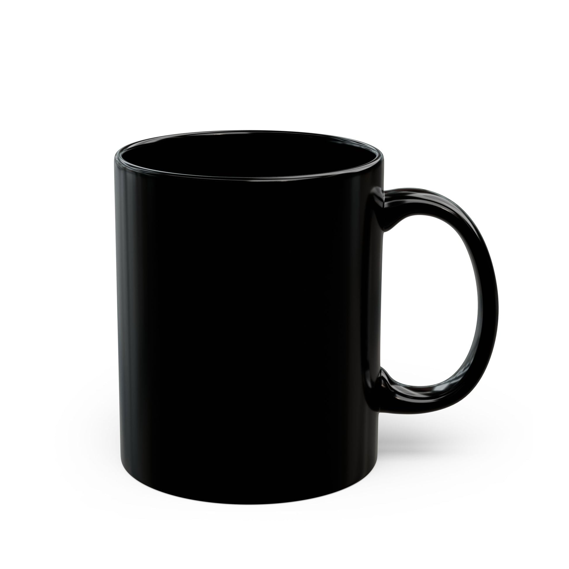 A black mug is shown on a white background. Nothing is printed on this side of the mug. The handle is on the right.