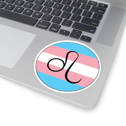 Close-up of the bottom right corner of a silver laptop featuring a 4 inch by 4 inch circular zodiac sticker with a centered Leo glyph on a Transgender pride flag style background applied to the surface.