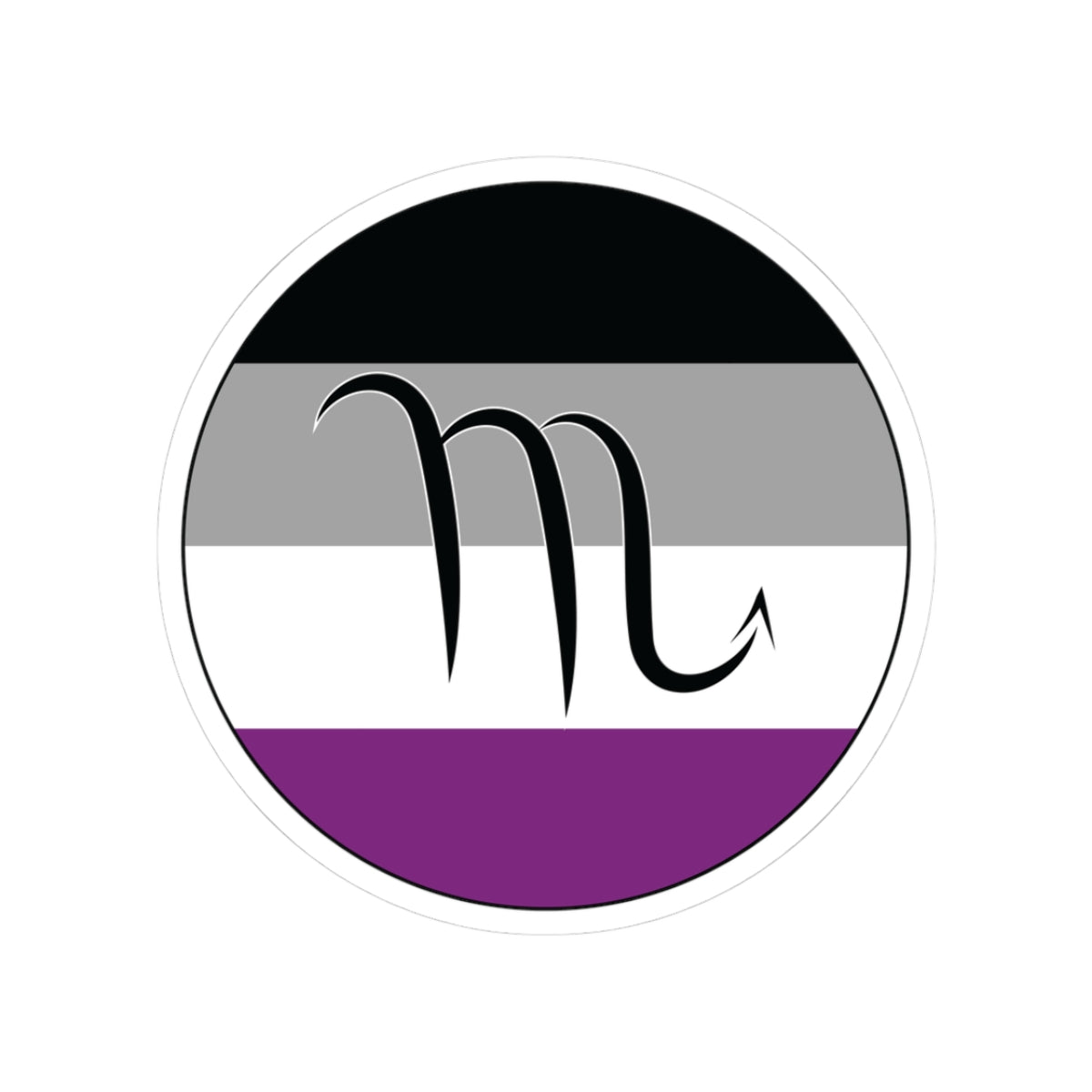 Circular asexual pride flag zodiac sticker with a thin black outline and white sticker border, featuring a centered black Scorpio zodiac glyph. The sticker is shown on a white background.