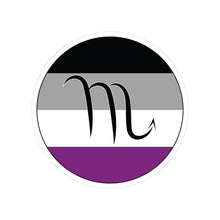 Circular asexual pride flag zodiac sticker with a thin black outline and white sticker border, featuring a centered black Scorpio zodiac glyph. The sticker is shown on a white background.