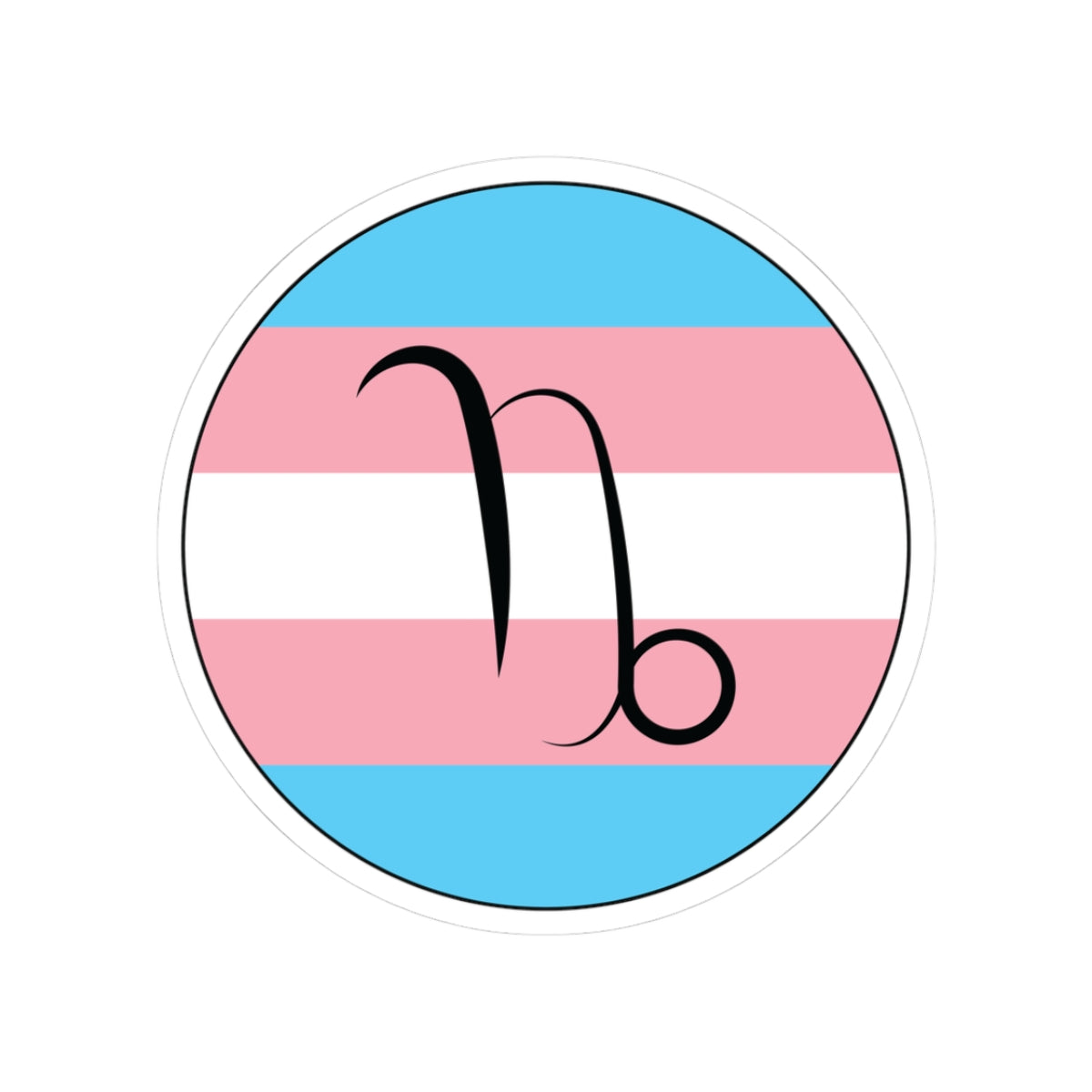 Circular transgender pride flag zodiac sticker with a thin black outline and white sticker border, featuring a centered black Capricorn zodiac glyph. The sticker is shown on a white background.