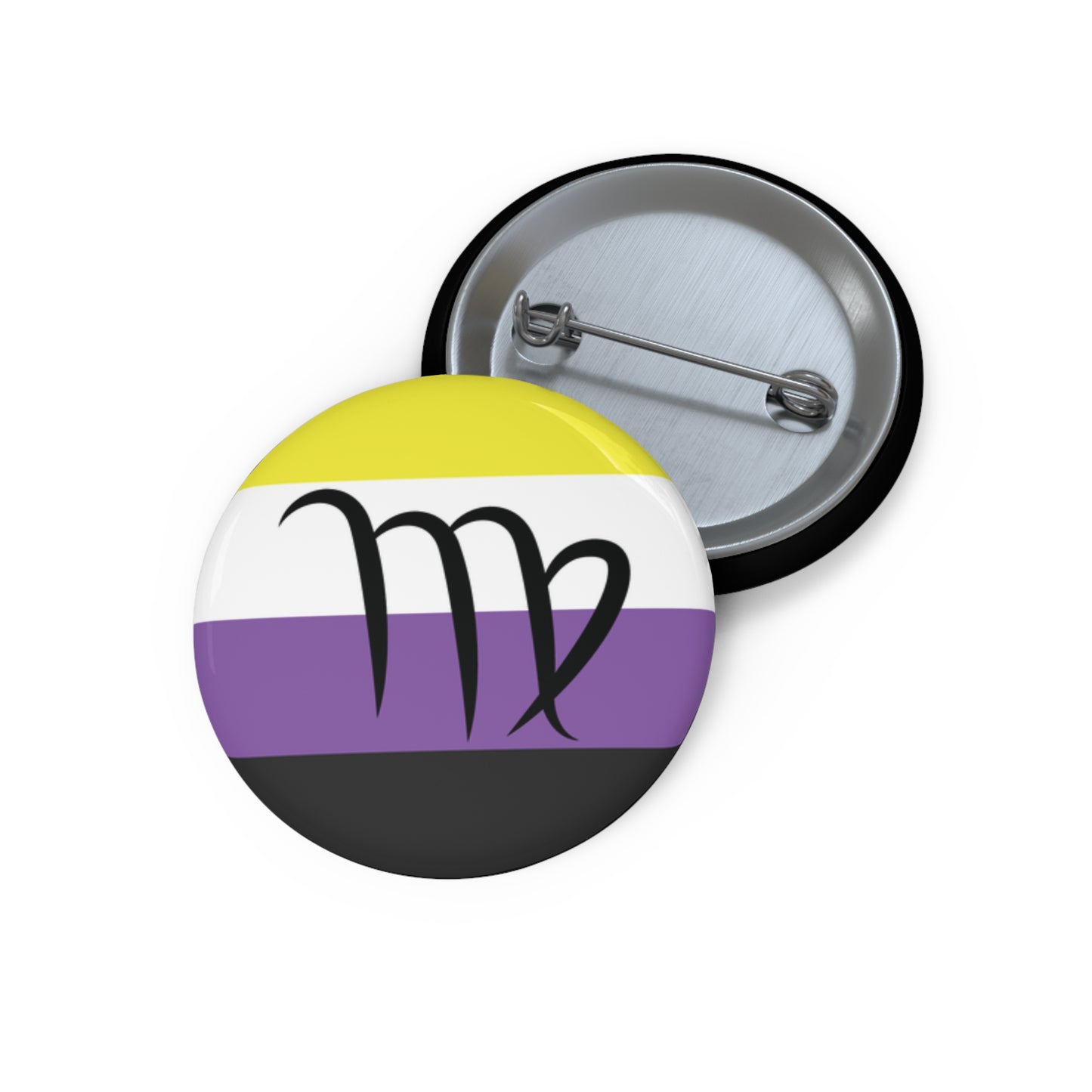 Front and back view of a circular nonbinary pride flag button featuring the Virgo zodiac symbol in black centered on the front.