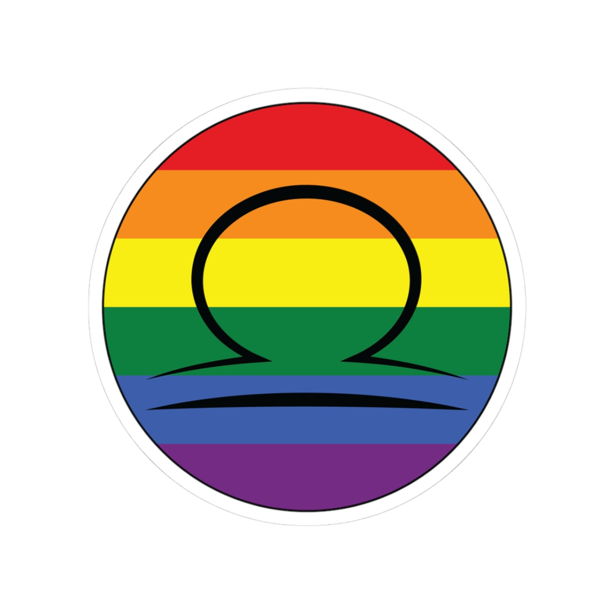 Circular rainbow pride flag zodiac sticker with a thin black outline and white sticker border, featuring a centered black Libra zodiac glyph. The sticker is shown on a white background.