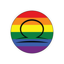 Circular rainbow pride flag zodiac sticker with a thin black outline and white sticker border, featuring a centered black Libra zodiac glyph. The sticker is shown on a white background.
