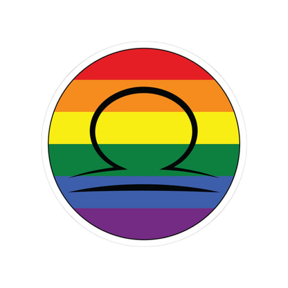 Circular rainbow pride flag zodiac sticker with a thin black outline and white sticker border, featuring a centered black Libra zodiac glyph. The sticker is shown on a white background.