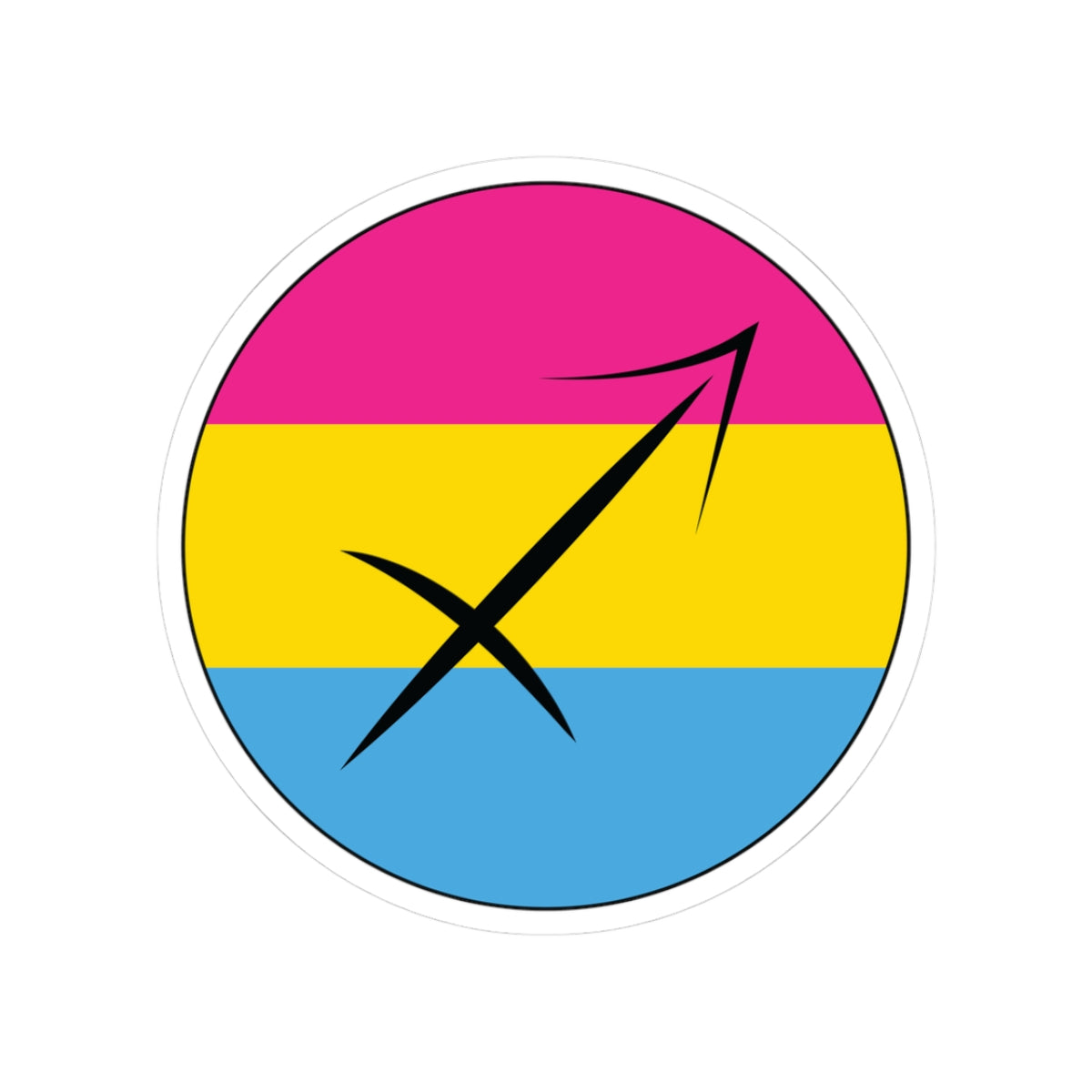 Circular pansexual pride flag zodiac sticker with a thin black outline and white sticker border, featuring a centered black Sagittarius zodiac glyph. The sticker is shown on a white background.