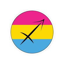 Circular pansexual pride flag zodiac sticker with a thin black outline and white sticker border, featuring a centered black Sagittarius zodiac glyph. The sticker is shown on a white background.