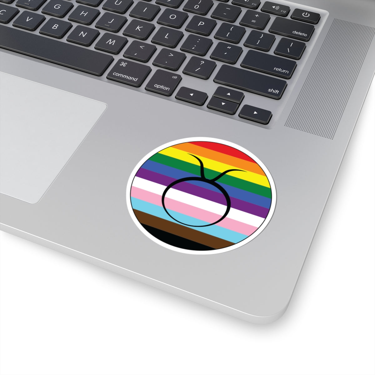 Close-up of the bottom right corner of a silver laptop featuring a 3 inch by 3 inch circular zodiac sticker with a centered Taurus glyph on a progress pride flag style background applied to the surface.