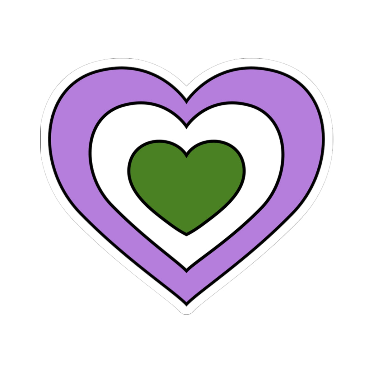 Heart-shaped genderqueer pride flag sticker featuring nested heart stripes in lavender, white, and green, outlined with a thin black border and a white sticker border. The sticker is shown on a white background.