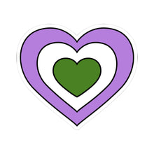 Heart-shaped genderqueer pride flag sticker featuring nested heart stripes in lavender, white, and green, outlined with a thin black border and a white sticker border. The sticker is shown on a white background.