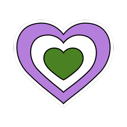 Heart-shaped genderqueer pride flag sticker featuring nested heart stripes in lavender, white, and green, outlined with a thin black border and a white sticker border. The sticker is shown on a white background.