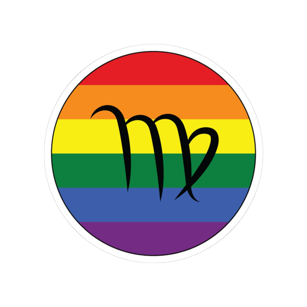 Circular transgender pride flag zodiac sticker with a thin black outline and white sticker border, featuring a centered black Virgo zodiac glyph. The sticker is shown on a white background.