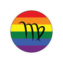 Circular transgender pride flag zodiac sticker with a thin black outline and white sticker border, featuring a centered black Virgo zodiac glyph. The sticker is shown on a white background.