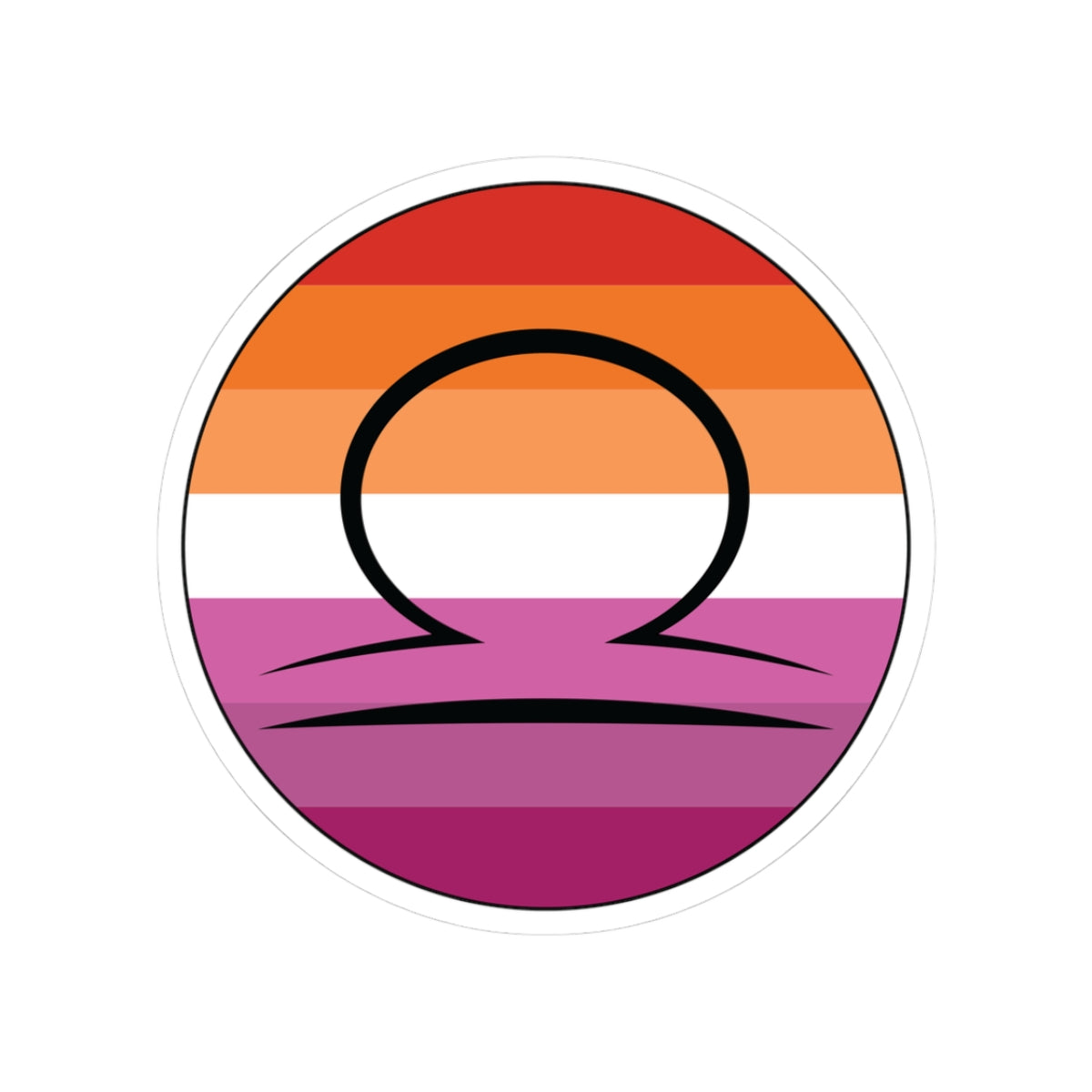 Circular lesbian pride flag zodiac sticker with a thin black outline and white sticker border, featuring a centered black Libra zodiac glyph. The sticker is shown on a white background.