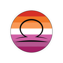 Circular lesbian pride flag zodiac sticker with a thin black outline and white sticker border, featuring a centered black Libra zodiac glyph. The sticker is shown on a white background.