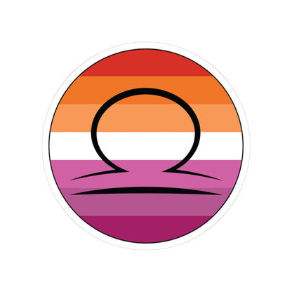 Circular lesbian pride flag zodiac sticker with a thin black outline and white sticker border, featuring a centered black Libra zodiac glyph. The sticker is shown on a white background.