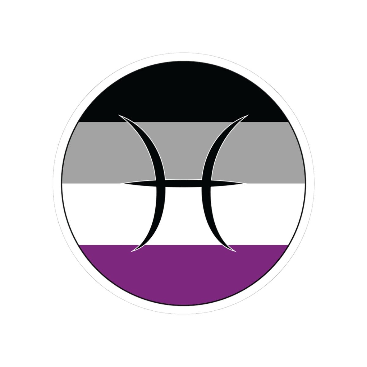 Circular asexual pride flag zodiac sticker with a thin black outline and white sticker border, featuring a centered black Pisces zodiac glyph. The sticker is shown on a white background.